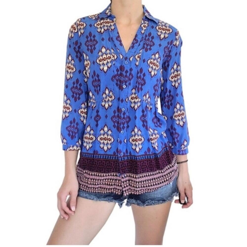Anthropologie Maeve Woodland Walk Blue Boho Popover Button Top Size 8 - Picture 15 of 15